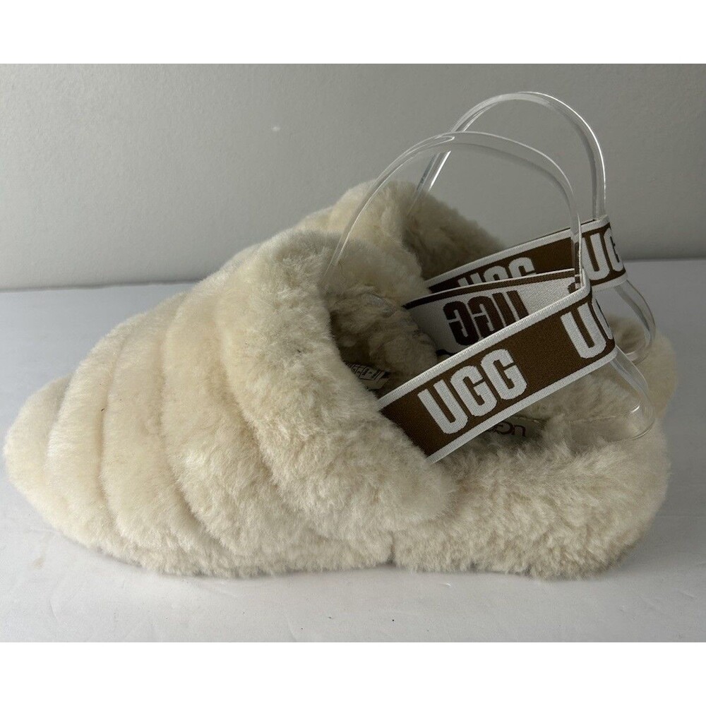 UGG Fluff Yeah Women’s US 9 Cream Sheepskin Slide Slippers Open Toe Logo Band